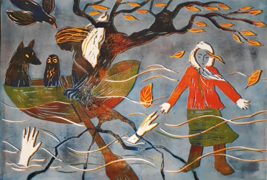 Painting of a person standing in the wind next to creatures rowing a boat