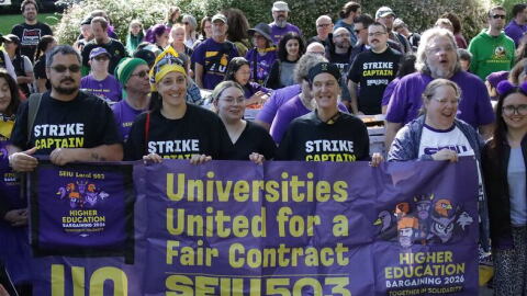 SEIU workers at the University of Oregon in Eugene celebrate reaching a tentative agreement on a new labor contract, Monday, Sept. 28, 2026.
