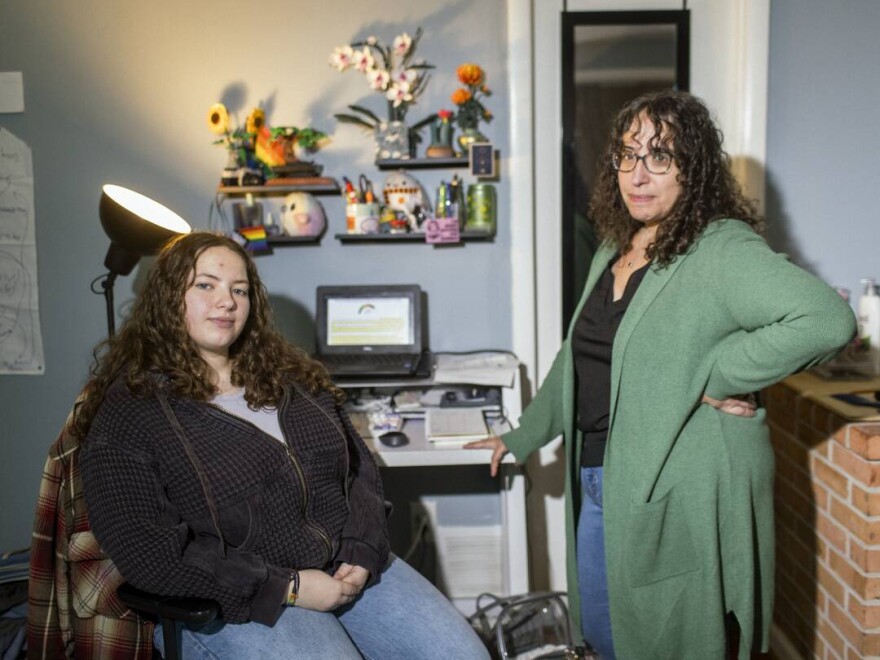 Ailsa Ostovitz, left, and her mother, Stephanie Rizk, at their home in the Maryland suburbs of Washington, D.C. In mid-November, Rizk met with Ostovitz's teachers to discuss accusations that her daughter had used AI to do some of her schoolwork.