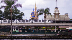 Cinderella Castle, the Main Street Train Station and Disney Monorail are seen at Walt Disney World Resort's Magic Kingdom on Thursday, August 13, 2020, in Lake Buena Vista, Fla. Disney’s iconic monorail system would face periodic state inspections, as Republican lawmakers continue to back Gov. Ron DeSantis in his clash with the entertainment giant.