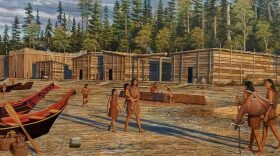 A mural in Port Angeles shows Klallam plank houses, as they might have looked after being rebuilt following a long-ago tsunami. CREDIT: SARAH STERLING / PSU