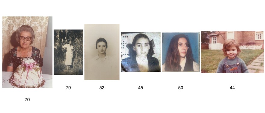 All the women in Eleonora's family who had cancer. The numbers below each correspond to the woman's age when they were diagnosed. <strong>From left to right:</strong> María, Eleonora's mom's aunt, 70; Julia, Eleonora's grandmother, 79; Griselda, Eleonora's mom, 52; Coca, Eleonora's mom's cousin, 45; Mariana, Eleonora's mom's niece, 50; Eleonora, 44.