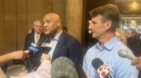 U.S. House Reps. André Carson, of the 7th District in Indianapolis, and Frank Mrvan, of the 1st District in Gary, talk to reporters at the Indiana Statehouse on Aug. 7, 2025.