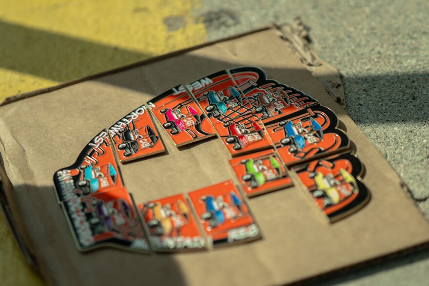 Antonio Castaneda's nearly complete pin puzzle (Maile Palacios/KVCR Public Media)