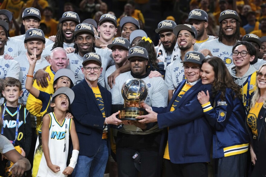 The Indiana Pacers team celebrates after winning Game 6 of the Eastern Conference finals of the NBA basketball playoffs against the New York Knicks in Indianapolis, Saturday, May 31, 2025.