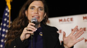 FILE - Republican Nancy Mace talks to supporters during her election night party on Nov. 3, 2020, in Mount Pleasant, S.C. Mace is set to meet two GOP challengers on the debate stage, Monday, May 23, 2022, who are seeking to oust her from South Carolina's 1st Congressional District. (AP Photo/Mic Smith, File)