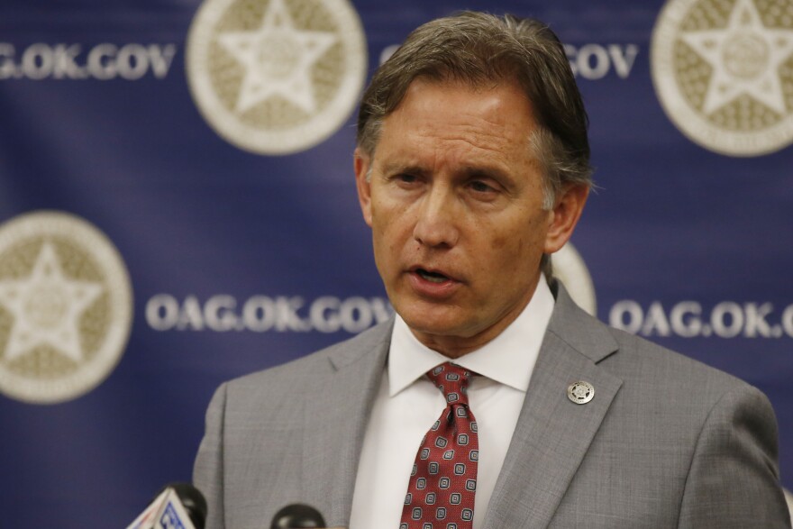 Oklahoma Attorney General Mike Hunter speaks during a news conference Monday, Aug. 3, 2020, in Oklahoma City. 