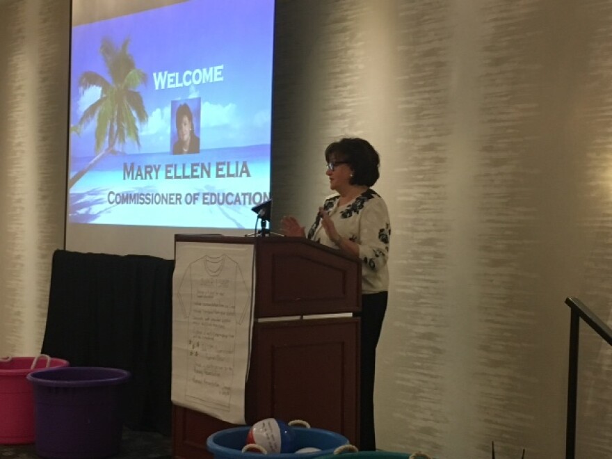 State Education Commissioner MaryEllen Elia speaking at the Greece Marriot before Monroe 2-Orleans BOCES Regional Leadership Academy