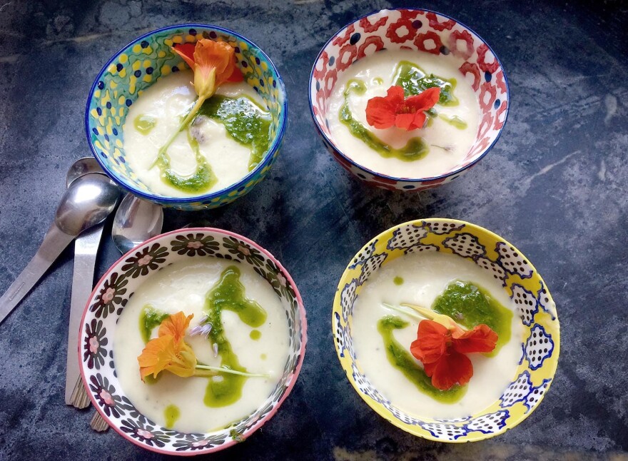 Bowls with Kathy's cold vichyssoise. (Kathy Gunst for Here & Now)