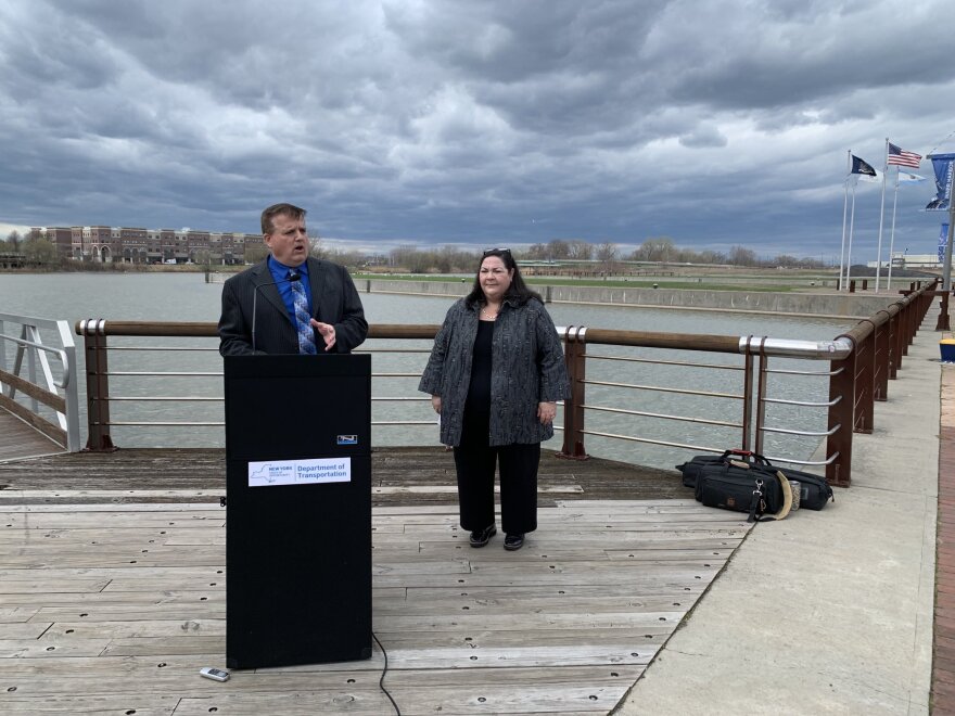 DOT Regional Director Mark Frechette and NYSDOT Commissioner Marie Therese Dominguez announcing the I81 project Final Environmental Impact Statement at Syracuse's Inner Harbor.