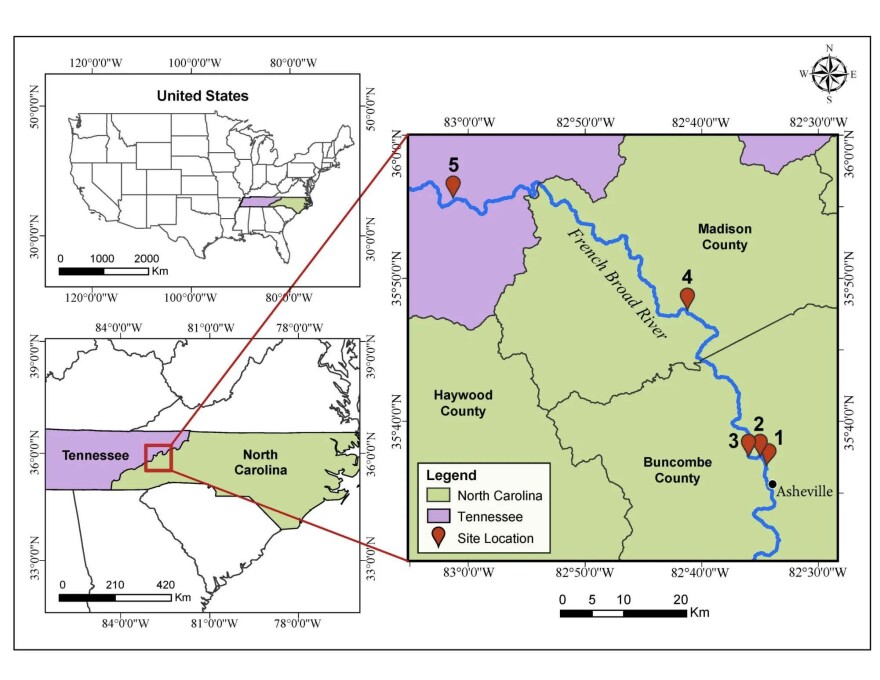 Figure 1. Location of sampling sites along the French Broad River in North Carolina (NC) and Tennessee (TN). Samples were taken along the river flowing north from Asheville, NC into Knoxville, TN. These five locations numbered 1–5 were accessible sites for sampling and near known areas for tourism and recreation year-round.