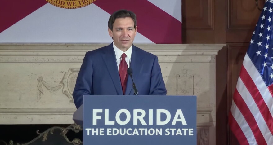 Florida Gov. Ron DeSantis speaks at New College in 2023. The governor appointed six conservative members to the school's board of trustees with the goal of rooting out what he described as "woke ideology" at the public university.