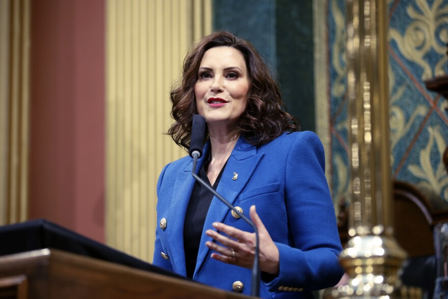 Michigan Gov. Gretchen Whitmer delivers her State of the State address to a joint session of the House and Senate, Jan. 25, 2023, at the state Capitol in Lansing, Mich.