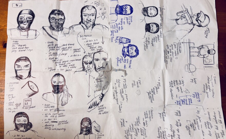 Drawings made by Brunette's crew members recollecting the Israeli forces who intercepted the Global Sumud Flotilla.