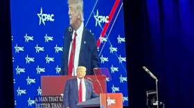 Former President Donald Trump delivers primetime speech to a packed room at CPAC in Orlando. (via: Talia Blake/WMFE)