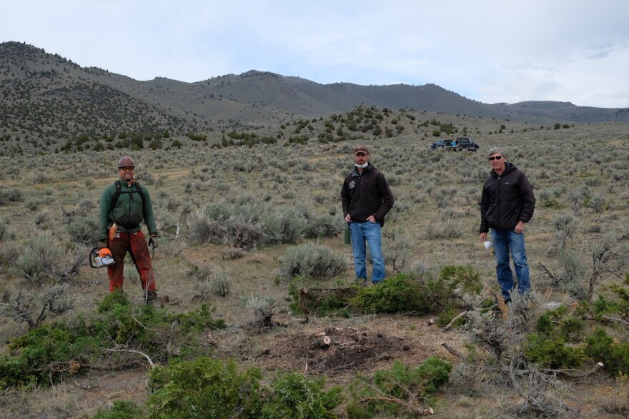Justin Hartman, Sean Claffey and Tim Egan working in Beaverhead County on May 12, 2020.