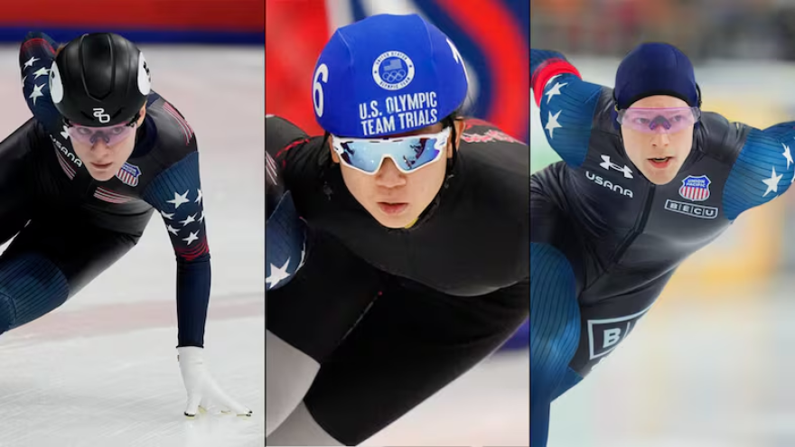 From left, Corinne Stoddard, Eunice Lee and Cooper McLeod skate during different competitions.