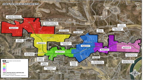 The Branson 76 ECID's segment map. Work on segments one and two, in red and yellow at the west end of the district, began this week.