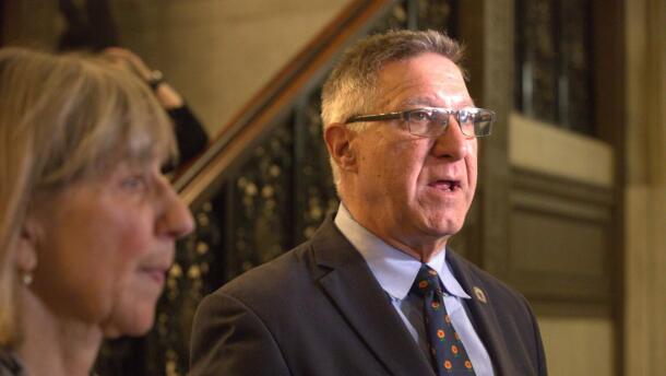 Mass. Senate Ways and Means Chair Michael Rodrigues speaks with reporters ahead of the second day of fiscal year 2027 budget deliberations. 