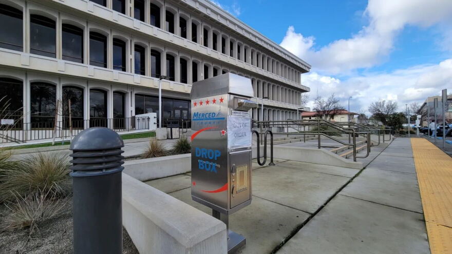 A ballot drop box at the Merced County Administrative