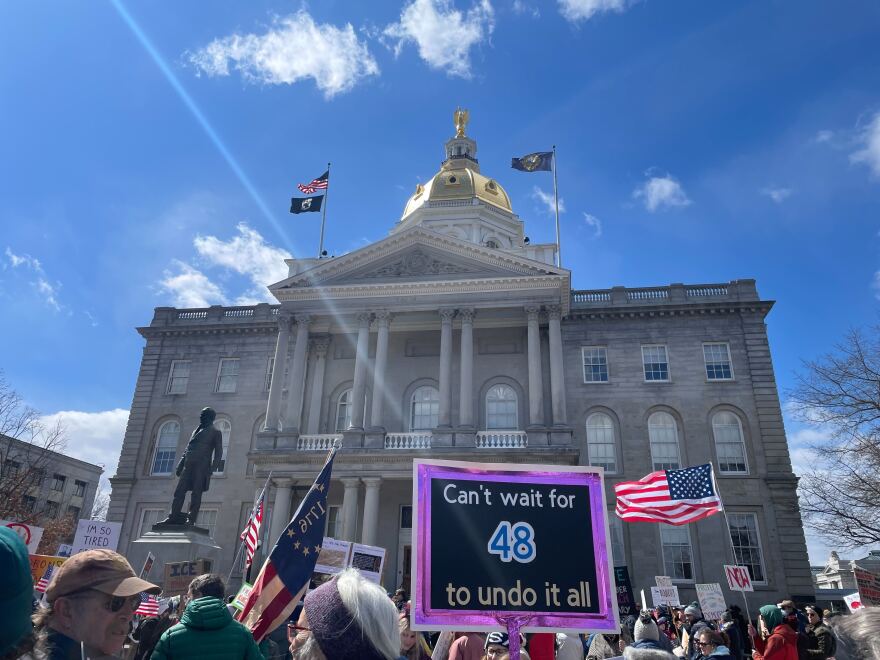 Crowds gathered in front of the State House in Concord to protest the Trump administration as part of the nationwide No Kings movement on March 28, 2026.