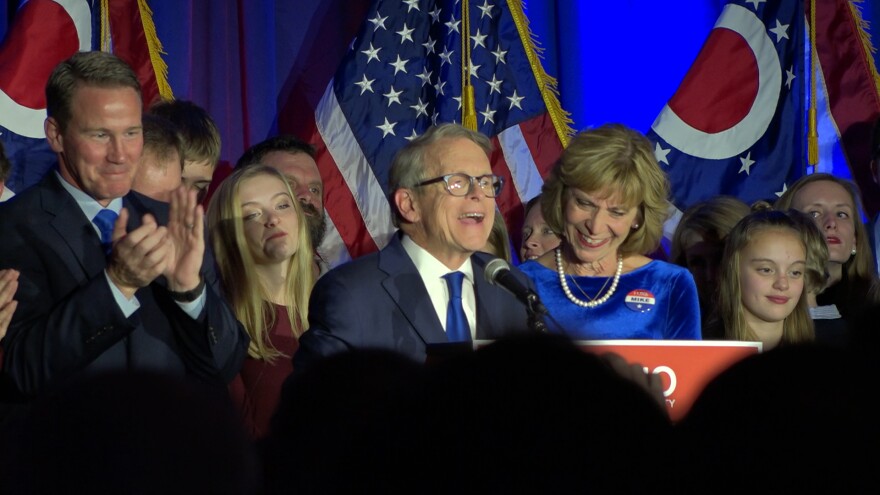 Ohio Governor-elect Mike DeWine celebrates his victory Tuesday night. [Dan Konik / ideastream]