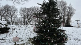 A decorated tree next to the tomb of August Imgard, who is credited with bringing the tradition of Christmas trees to Wooster.