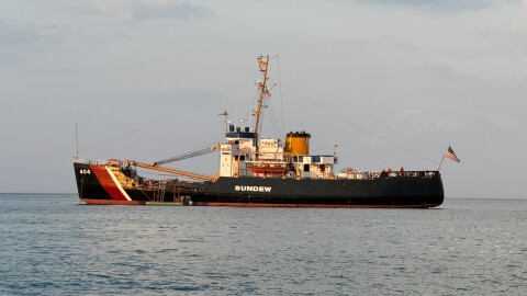 The United States Coast Guard Cutter Sundew sits along the coast of Rogers City, Michigan on Wednesday, August 5, 2026.