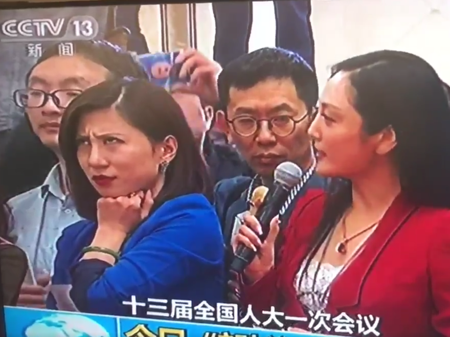 A screenshot of Liang Xiangyi, a financial news reporter, who was so disgusted by a fellow reporter's softball question to a government official at the National People's Congress that she was caught on live television rolling her eyes. The moment went viral.