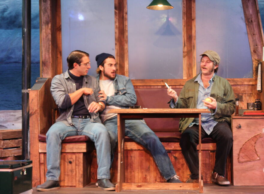 Shaw (Alex Dagg, right)  bullied and intimidated Dreyfuss (Cody Farkas, center), with Scheider (Sean Fleming, left) playing peacekeeper.