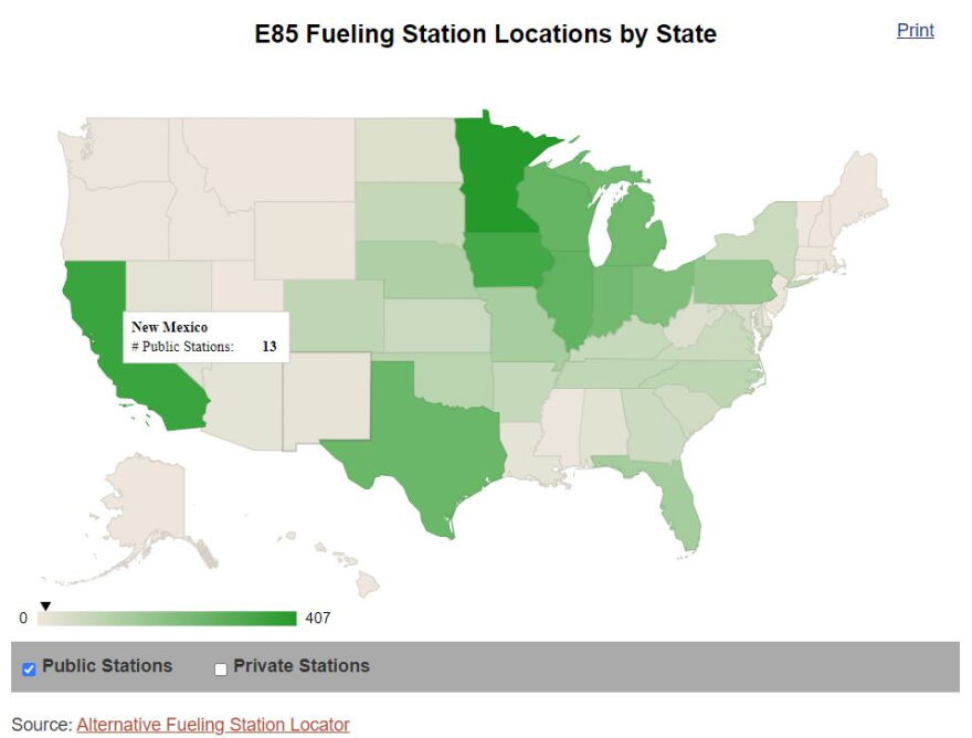 A map of E85 fueling station locations by state