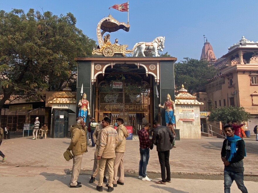 Policemen stand outside the entrance to Shri Krishna Janmasthan temple in February in Mathura in India's Uttar Pradesh state.