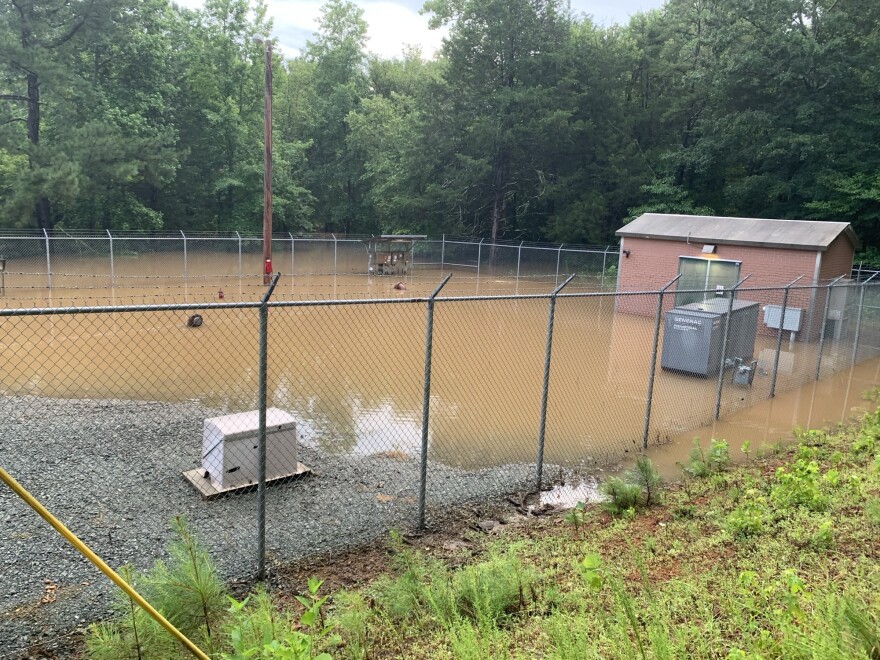 One of two pump stations in Hillsborough, N.C. that flooded after heavy rainfall from Chantal. The Eno River was more than 20 feet above normal, and untreated sewage flowed into the river for three days.