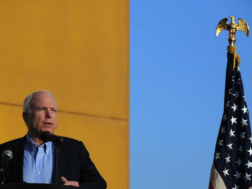 Sen. John McCain speaks at a  Veterans Day ceremony at the U.S. Embassy in Kabul last year.