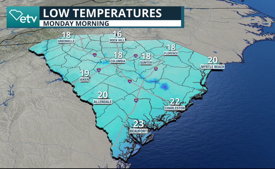 Monday morning forecast lows across South Carolina.