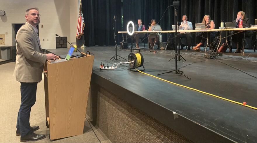 Patrick Hoban, of the Bloomington Normal Economic Development Council, shares a proposal with the Unit 5 school board Wednesday, May 25, 2022.