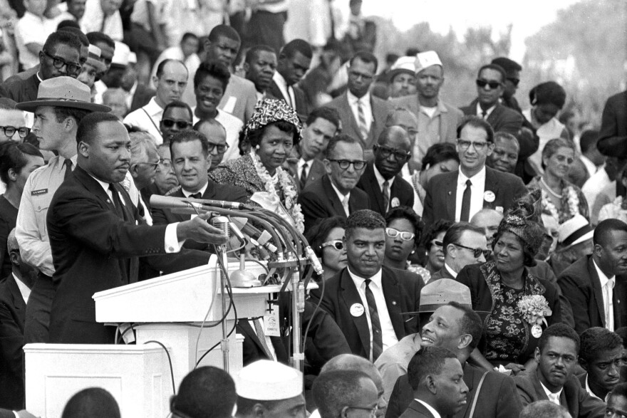 FILE - Martin Luther King Jr., head of the Southern Christian Leadership Conference, speaks to thousands during his "I Have a Dream" speech at the Lincoln Memorial during the March on Washington for Jobs and Freedom, Aug. 28, 1963, in Washington.