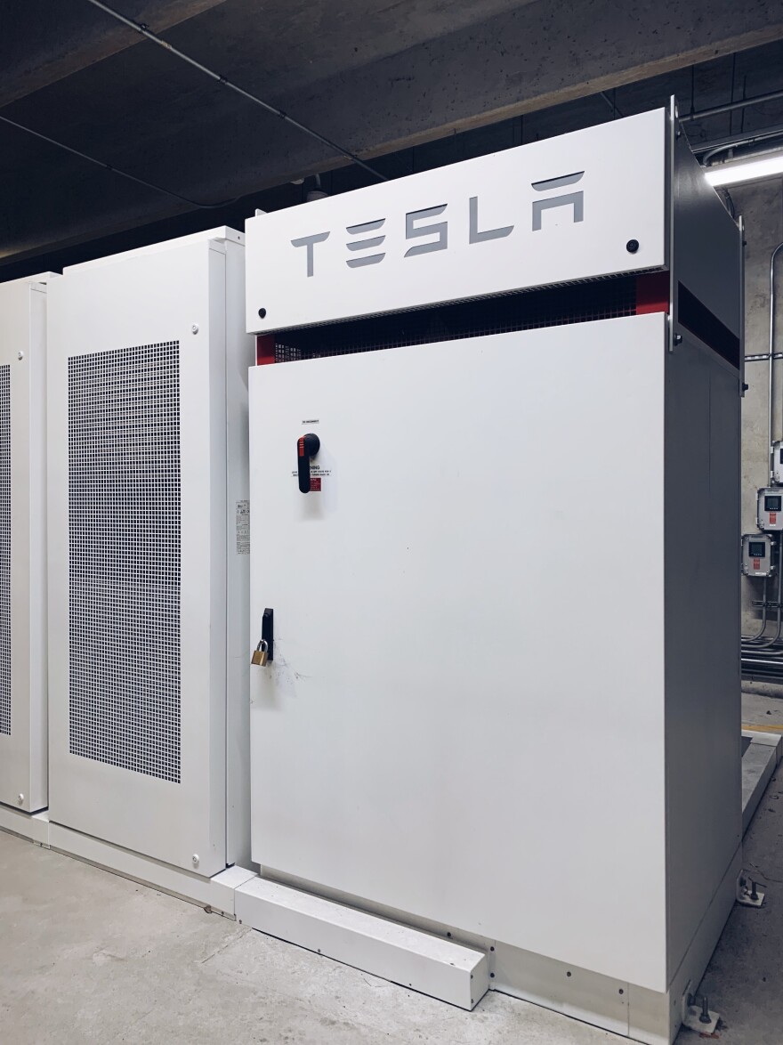 On the first floor of the USFSP parking garage is the Tesla Battery Solar Storage System with the ability to store 250-kW of renewable energy.