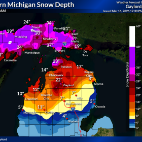 A map of snow depth across northern Michigan as of Monday, March 16, 2026. (Photo: National Weather Service)