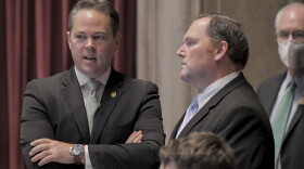 Majority Floor Leader Rob Vescovo, R-Arnold, left, and House Speaker Elijah Haahr, R-Springfield, speak during House floor debate.
