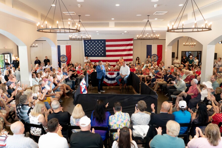 U.S. Senator Ted Cruz (R-Texas) and Missouri Attorney General Eric Schmitt, who is running for Missouri’s open U.S. Senate seat, speak to voters on Saturday, July 23, 2022, during a Rally for Missouri fundraising event at Piazza Messina in Cottleville.