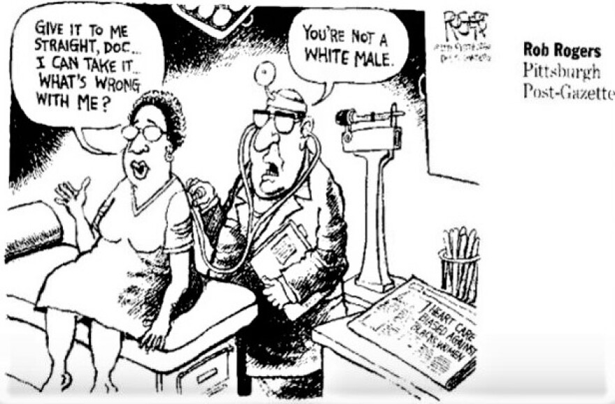 An editorial cartoon by Rob Rogers of the Pittsburgh Post-Gazette showing a white doctor checking the heart beat of a Black female patient