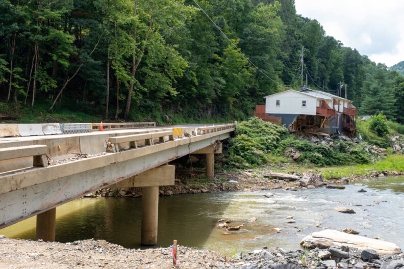 A damaged bridge over the Cane River in Yancey County.