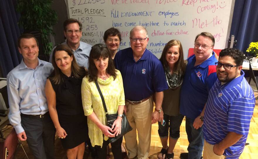 Hamilton (second from left) still helps out during KPR's semi-annual membership drives, joining a team of KU Endowment volunteers.