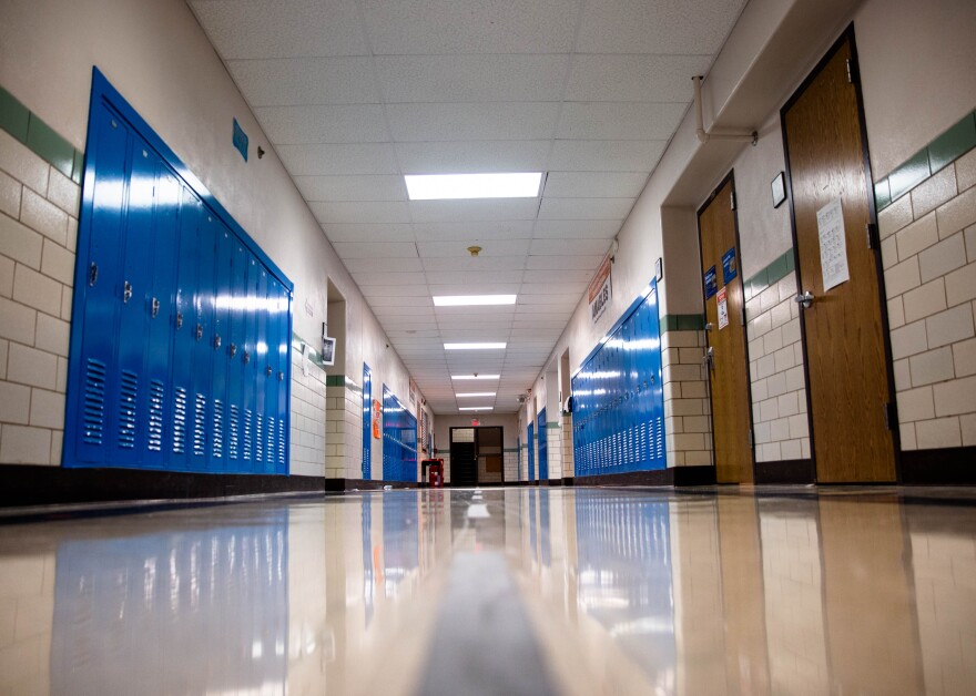 An empty hallway at Hoech Middle School on Friday, Oct. 29, 2021, in Breckenridge Hills. The school, along with those within the Ritenour School District, will have a day off Monday for mental health purposes.