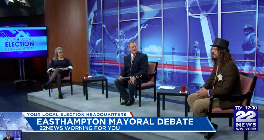 Easthampton, Massachusetts, Mayor Nicole LaChapelle and challenger Eric Berzins participate in a debate.