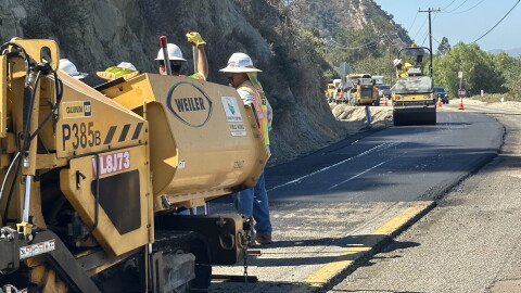A Ventura County Public Works crew is repaving a section of a road outside of Santa Paula which could be vulnerable to heavy El Nino rainfall.