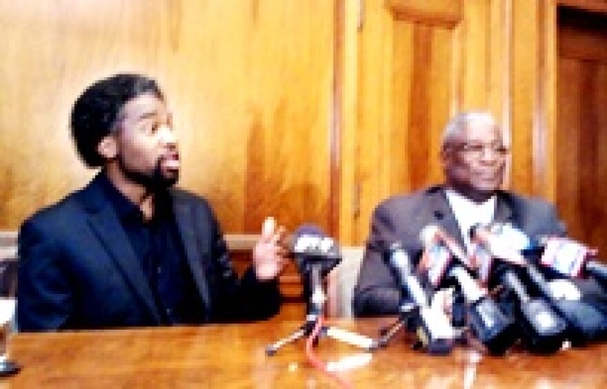 KC School Board President Airick West (l) with Mayor Sly James at Mayor's office.