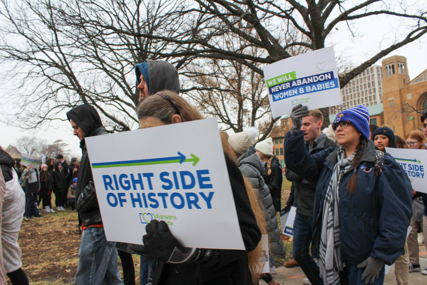 Anti-abortion protestors march in Topeka during the 2023 annual Kansas March for Life.
