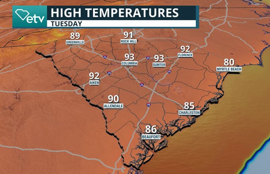 Expected high temperatures on Tuesday.